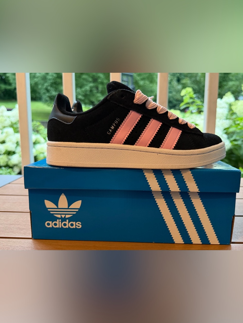 adidas Campus Black Suede Sneakers with Pink Stripes and White Sole